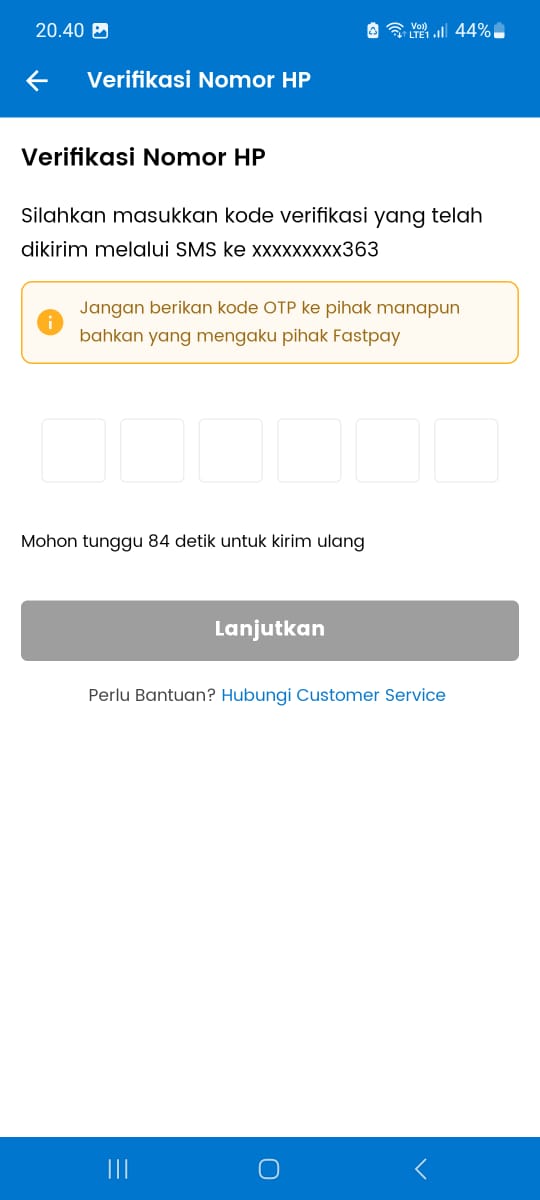 cara daftar fastpay - verifikasi no HP