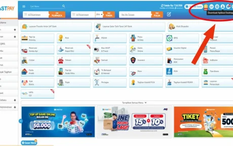 Tangkapan layar halaman loket Fastpay dengan penunjuk tombol Download Aplikasi Desktop V24 di kanan atas