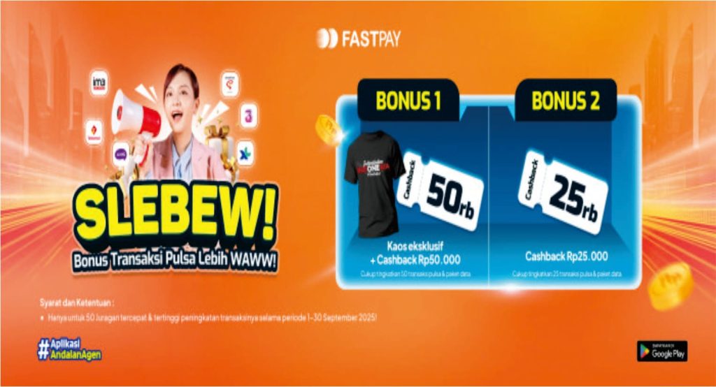 Banner promo Fastpay September 2025 menampilkan hadiah kaos eksklusif dan cashback hingga Rp50.000 untuk Juragan yang meningkatkan transaksi pulsa dan paket data.