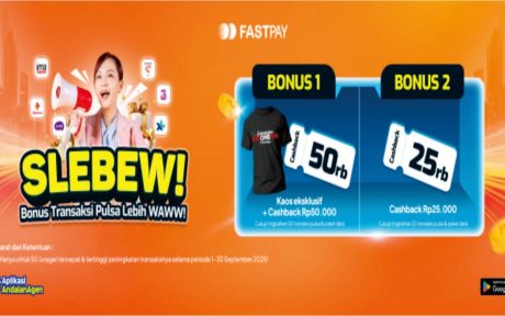 Banner promo Fastpay September 2025 menampilkan hadiah kaos eksklusif dan cashback hingga Rp50.000 untuk Juragan yang meningkatkan transaksi pulsa dan paket data.