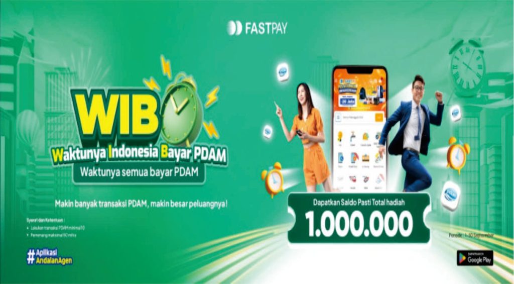 Banner promo Fastpay September 2025 – Waktunya Indonesia Bayar PDAM, hadiah saldo Rp1.000.000 untuk mitra aktif transaksi PDAM online