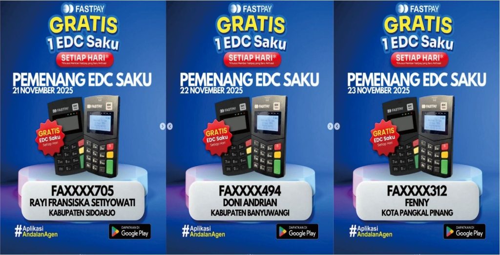 pemenang EDC saku fastpay gratis episode 20 periode 21-22-23 November 2025