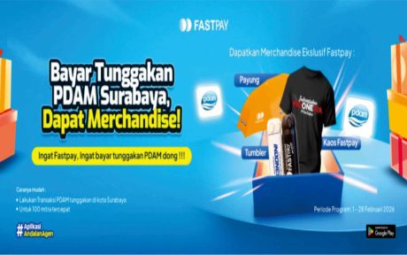 banner promo fastpay 2026 transaksi pdam surabaya dapat kaos, tumbler dan payung