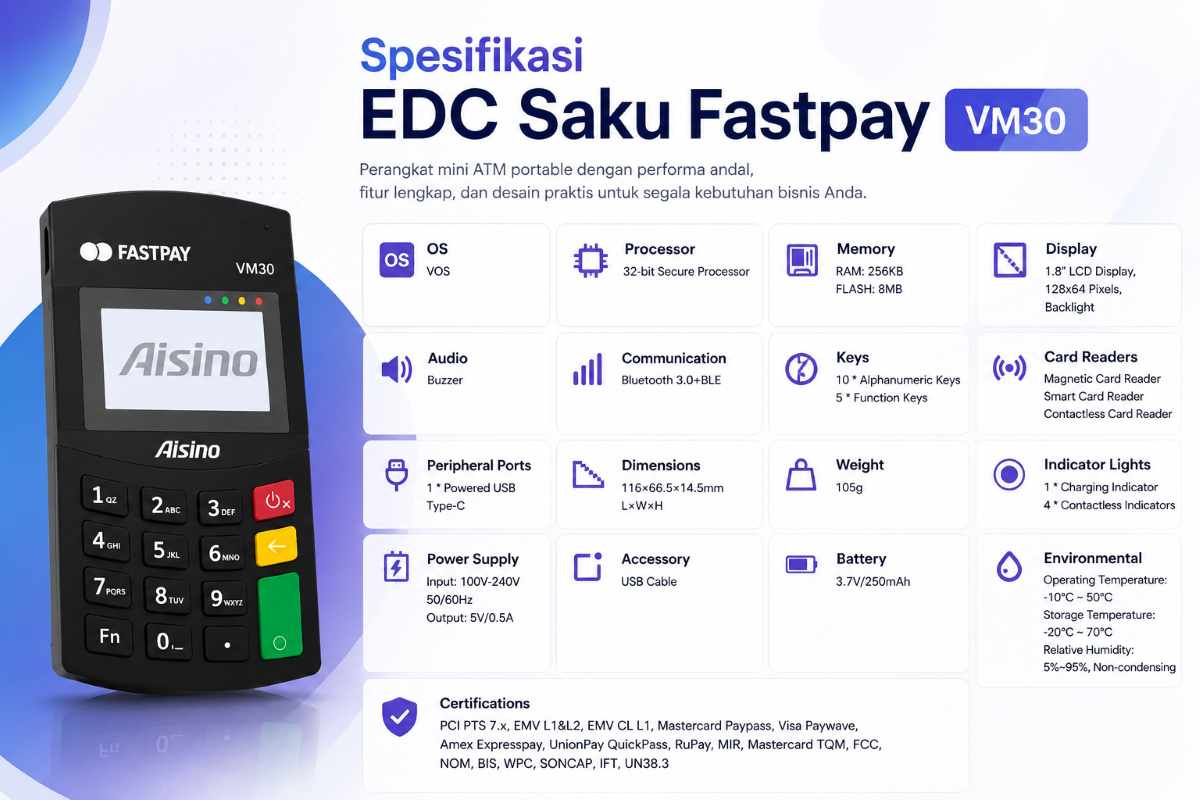 Spesifikasi lengkap EDC Saku Fastpay Aisino VM30