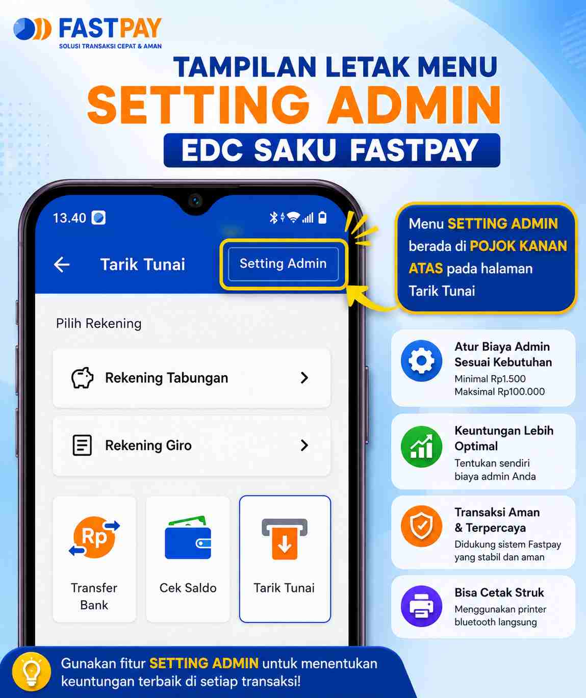 Tampilan Letak menu Setting Admin EDC Saku Fastpay