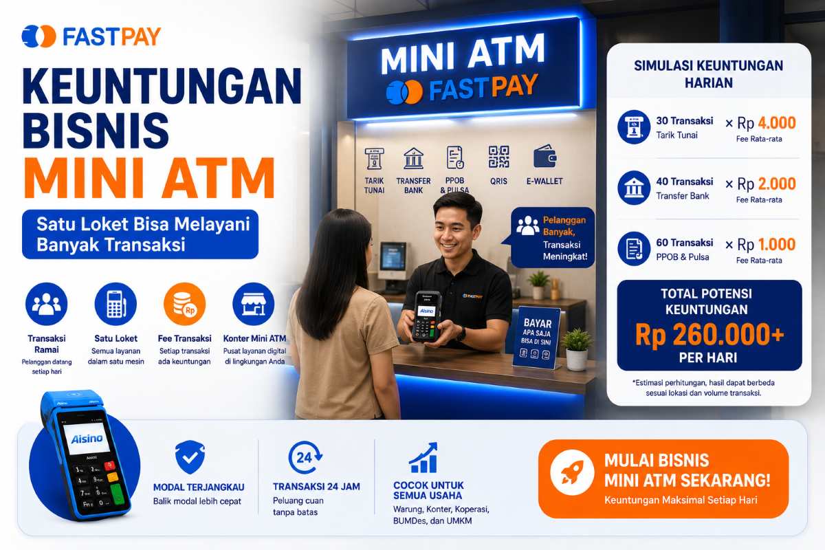 simulasi keuntungan bisnis Mini ATM Fastpay dengan transaksi tarik tunai transfer bank PPOB dan QRIS