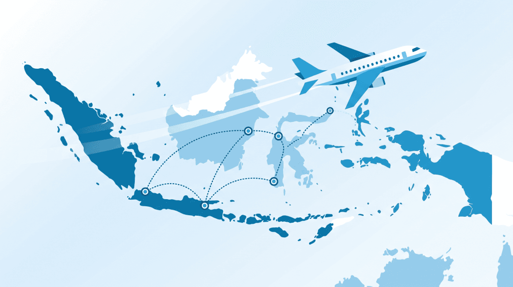Ilustrasi rute penerbangan FlyJaya Fastpay menghubungkan kota-kota di Jawa, Sulawesi, dan Kalimantan