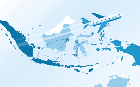 Ilustrasi rute penerbangan FlyJaya Fastpay menghubungkan kota-kota di Jawa, Sulawesi, dan Kalimantan