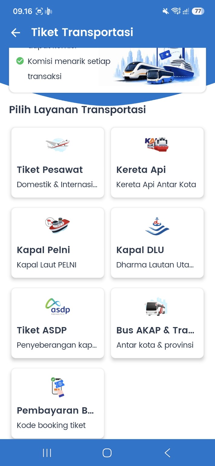 Menu Tiket Transportasi Fastpay dengan pesawat, kereta, PELNI, DLU, ASDP, bus dan travel